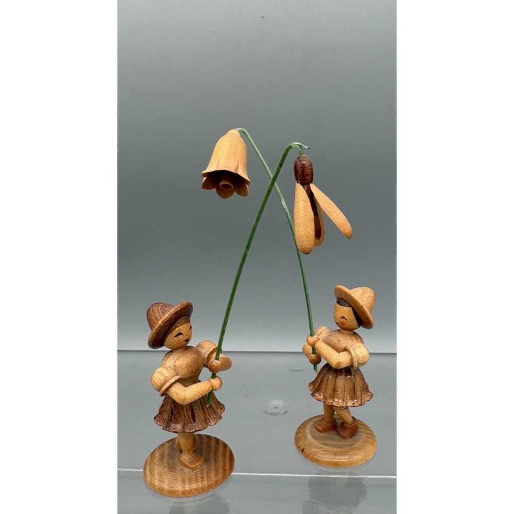 Erzgebirge Girl Figurines Holding Flower Made in Germany Wooden Set Of 2